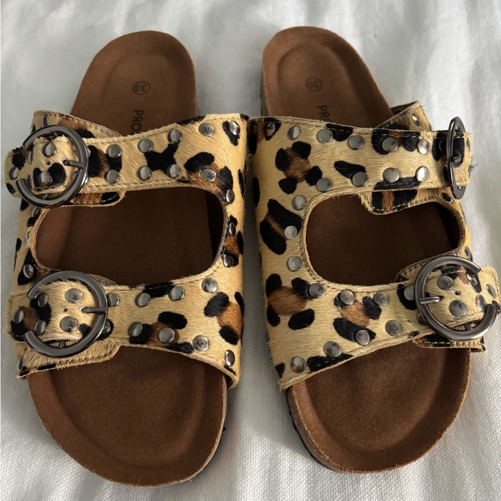 Promod Leopard Print Birkenstock-Style Sandals Sz 39